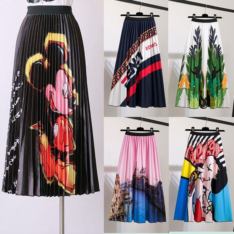 New half skirt women's clothing, popular African half skirt, printed cartoon pleated skirt, elastic waist large hem A-line skirt, fashionable and versatile