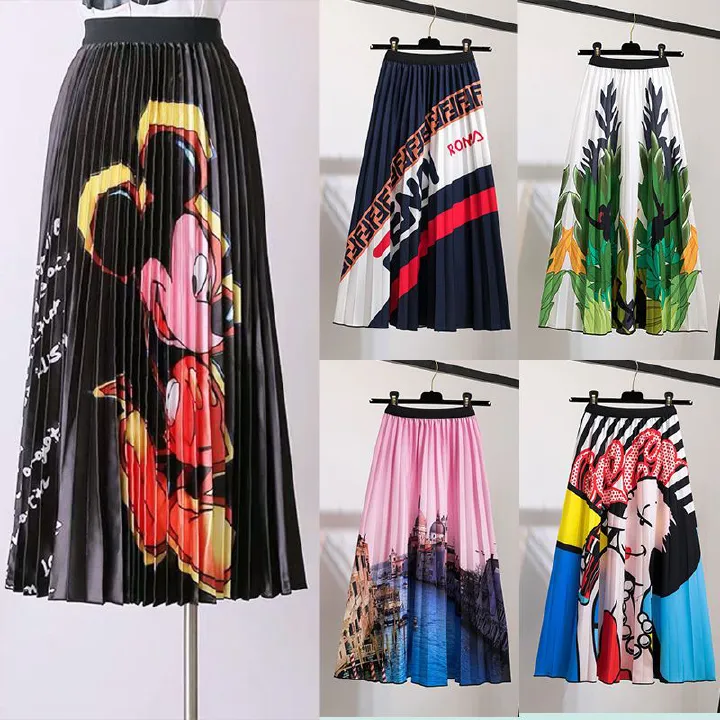 New half skirt women's clothing, popular African half skirt, printed cartoon pleated skirt, elastic waist large hem A-line skirt, fashionable and versatile