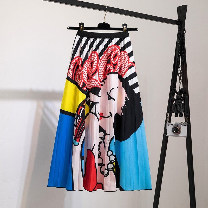 New half skirt women's clothing, popular African half skirt, printed cartoon pleated skirt, elastic waist large hem A-line skirt, fashionable and versatile