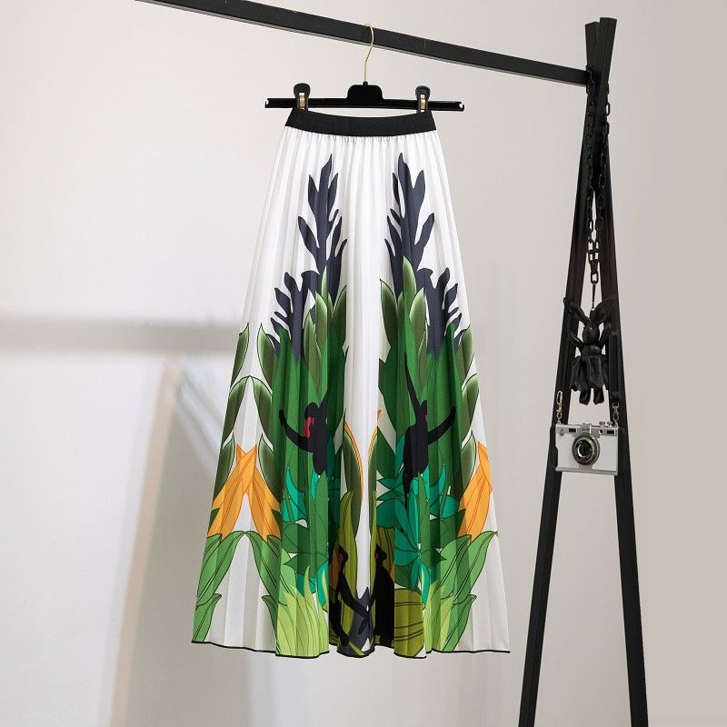 New half skirt women's clothing, popular African half skirt, printed cartoon pleated skirt, elastic waist large hem A-line skirt, fashionable and versatile
