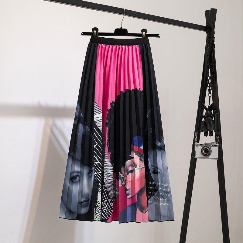 New half skirt women's clothing, popular African half skirt, printed cartoon pleated skirt, elastic waist large hem A-line skirt, fashionable and versatile