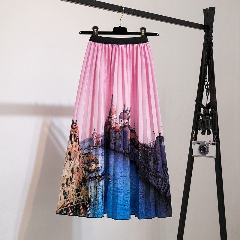 New half skirt women's clothing, popular African half skirt, printed cartoon pleated skirt, elastic waist large hem A-line skirt, fashionable and versatile