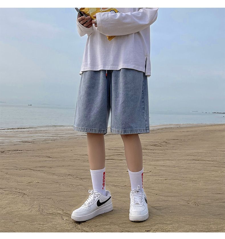 Denim shorts, men's fashion label, loose and straight leg casual trend, Hong Kong style five piece pants, Korean patchwork pants