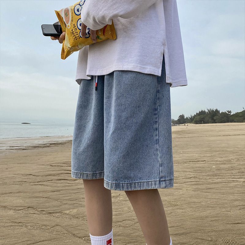 Denim shorts, men's fashion label, loose and straight leg casual trend, Hong Kong style five piece pants, Korean patchwork pants