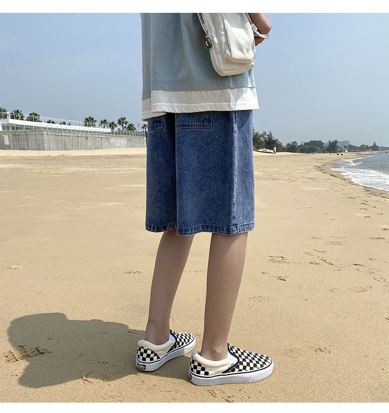 Denim shorts, men's fashion label, loose and straight leg casual trend, Hong Kong style five piece pants, Korean patchwork pants
