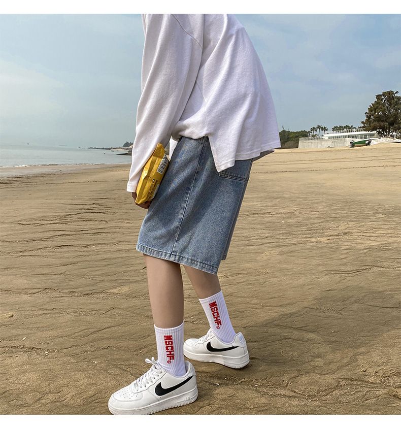 Denim shorts, men's fashion label, loose and straight leg casual trend, Hong Kong style five piece pants, Korean patchwork pants
