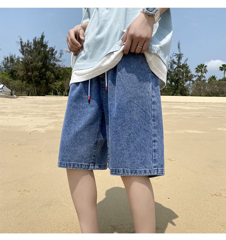 Denim shorts, men's fashion label, loose and straight leg casual trend, Hong Kong style five piece pants, Korean patchwork pants