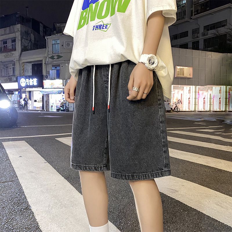Denim shorts, men's fashion label, loose and straight leg casual trend, Hong Kong style five piece pants, Korean patchwork pants
