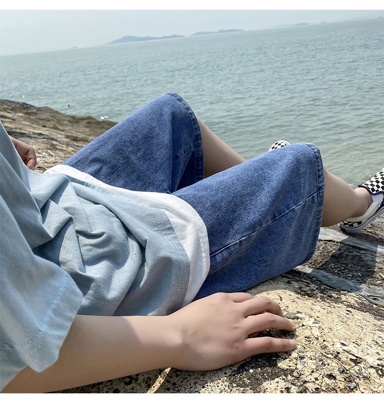 Denim shorts, men's fashion label, loose and straight leg casual trend, Hong Kong style five piece pants, Korean patchwork pants