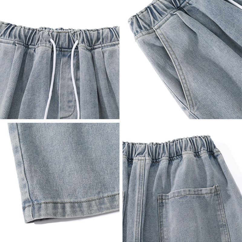 Denim shorts, men's fashion label, loose and straight leg casual trend, Hong Kong style five piece pants, Korean patchwork pants