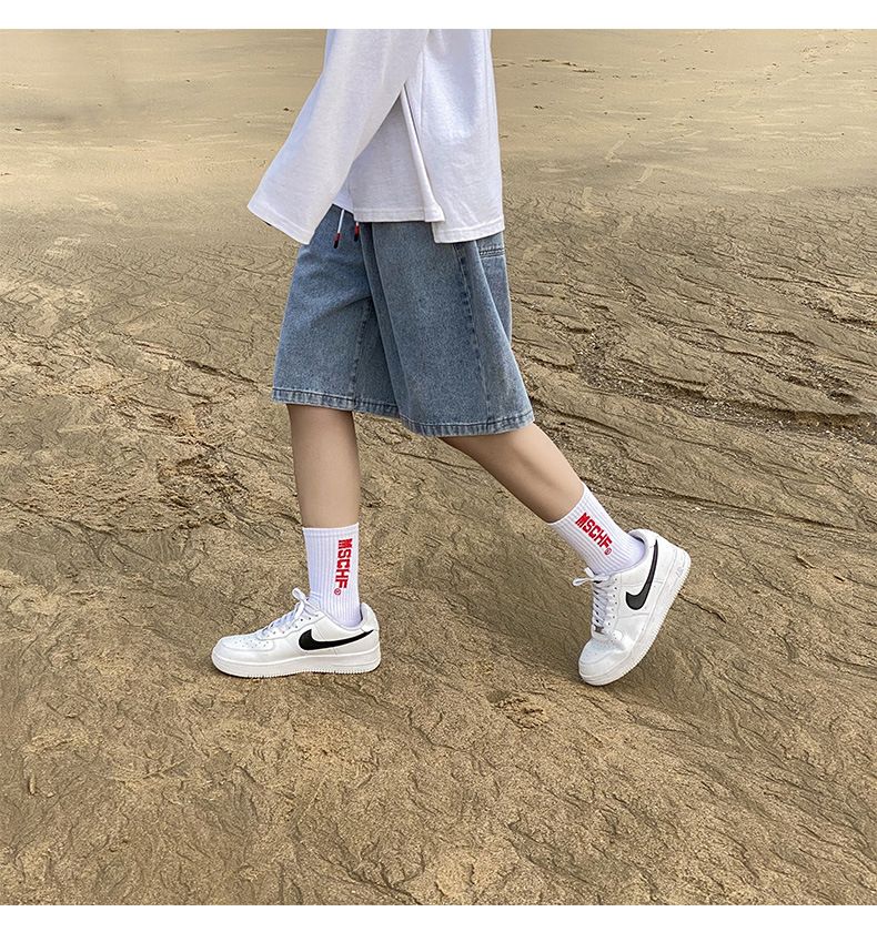 Denim shorts, men's fashion label, loose and straight leg casual trend, Hong Kong style five piece pants, Korean patchwork pants