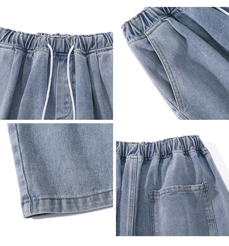 Denim shorts, men's fashion label, loose and straight leg casual trend, Hong Kong style five piece pants, Korean patchwork pants