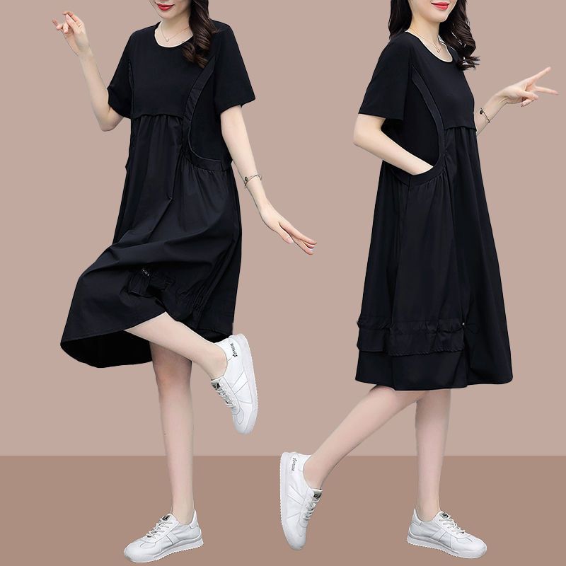 Summer vacation two mid length dresses, stylish and stylish oversized short sleeved dress, loose fitting dress for women's haute couture, suspender dress, fake two trendy pieces