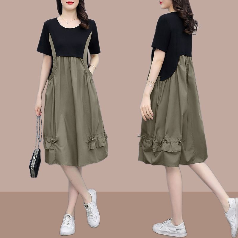 Summer vacation two mid length dresses, stylish and stylish oversized short sleeved dress, loose fitting dress for women's haute couture, suspender dress, fake two trendy pieces
