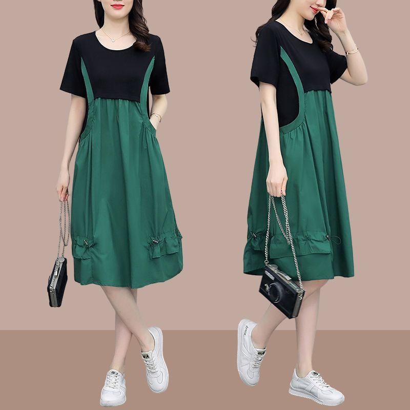 Summer vacation two mid length dresses, stylish and stylish oversized short sleeved dress, loose fitting dress for women's haute couture, suspender dress, fake two trendy pieces
