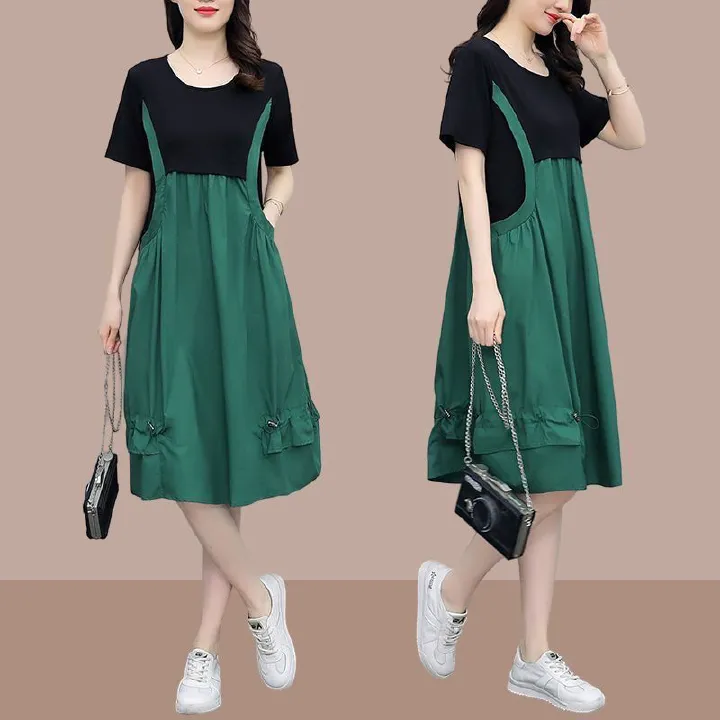 Summer vacation two mid length dresses, stylish and stylish oversized short sleeved dress, loose fitting dress for women's haute couture, suspender dress, fake two trendy pieces