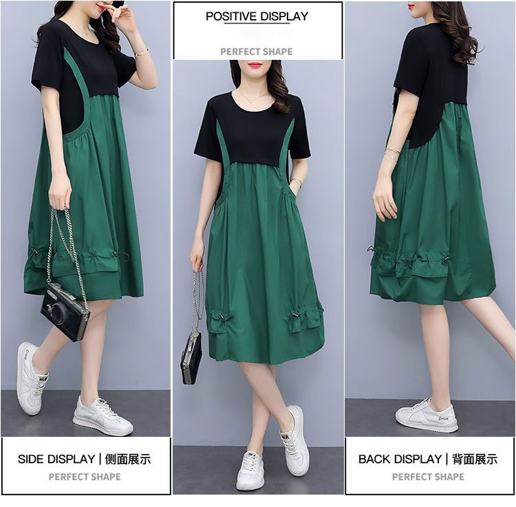 Summer vacation two mid length dresses, stylish and stylish oversized short sleeved dress, loose fitting dress for women's haute couture, suspender dress, fake two trendy pieces
