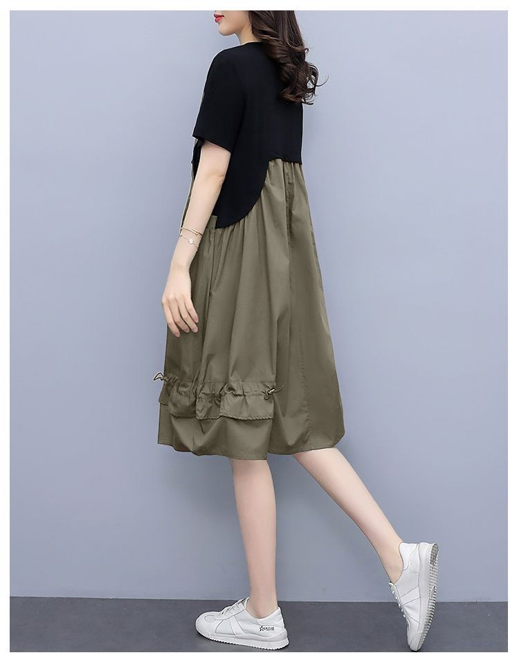 Summer vacation two mid length dresses, stylish and stylish oversized short sleeved dress, loose fitting dress for women's haute couture, suspender dress, fake two trendy pieces