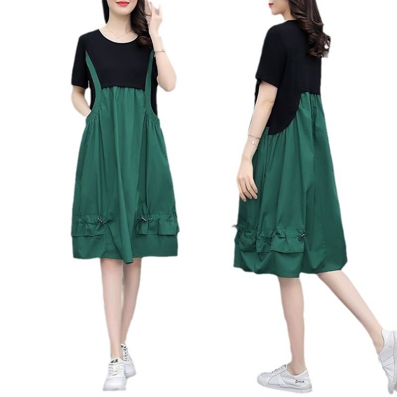 Summer vacation two mid length dresses, stylish and stylish oversized short sleeved dress, loose fitting dress for women's haute couture, suspender dress, fake two trendy pieces