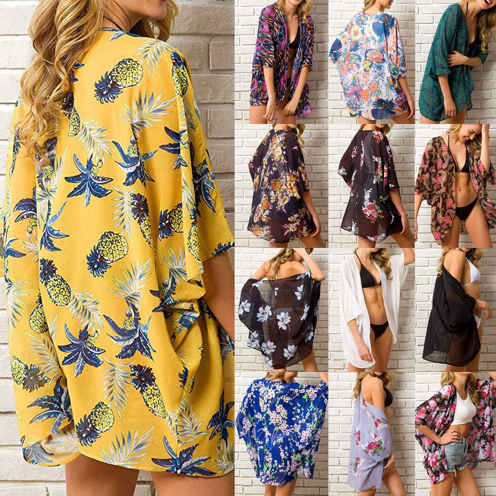 New summer women's clothing for 2024, beach style chiffon printed shawl cover up, cape sun protection shirt, short sleeved oversized cardigan chiffon shirt, fashionable trend