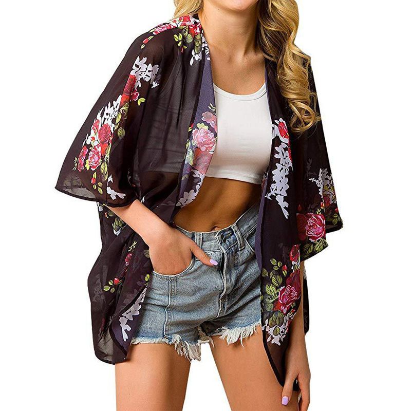 New summer women's clothing for 2024, beach style chiffon printed shawl cover up, cape sun protection shirt, short sleeved oversized cardigan chiffon shirt, fashionable trend