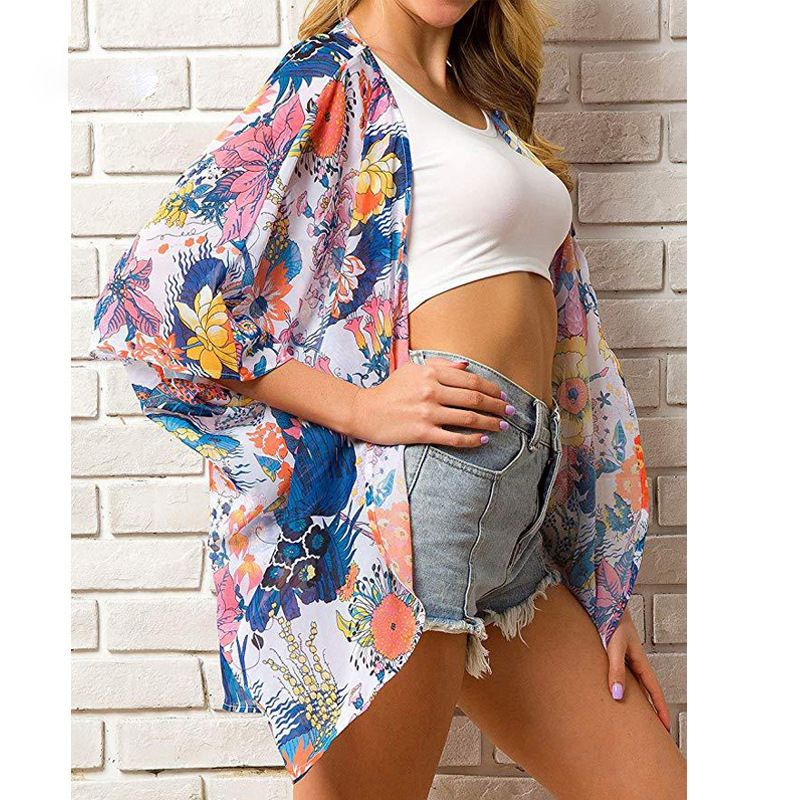 New summer women's clothing for 2024, beach style chiffon printed shawl cover up, cape sun protection shirt, short sleeved oversized cardigan chiffon shirt, fashionable trend