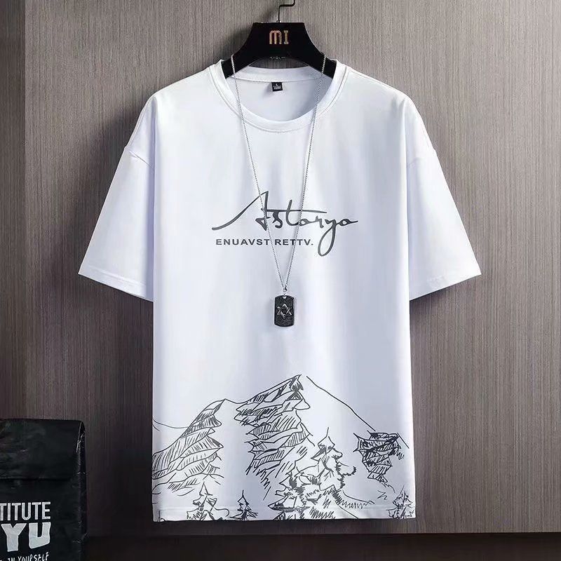 Printed Summer Trendy Short sleeved T-shirt Set for Men's Summer Ice Sweatwicking Quick Drying Loose Basketball Sports Two Piece Set