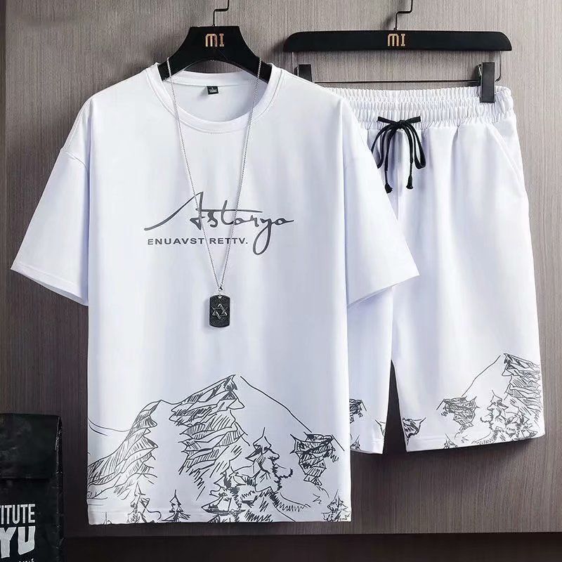 Printed Summer Trendy Short sleeved T-shirt Set for Men's Summer Ice Sweatwicking Quick Drying Loose Basketball Sports Two Piece Set