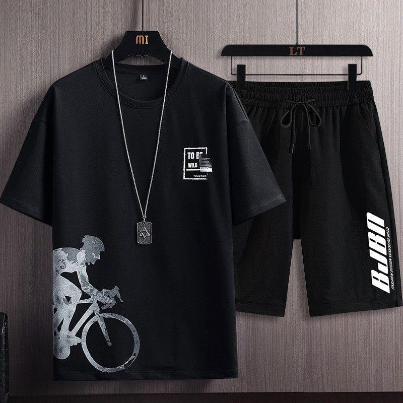 Printed Summer Trendy Short sleeved T-shirt Set for Men's Summer Ice Sweatwicking Quick Drying Loose Basketball Sports Two Piece Set