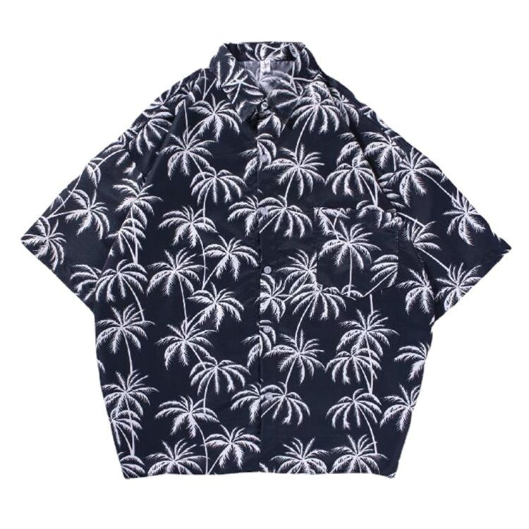 New men's beach shirt surfing coconut tree short sleeved floral shirt cotton linen beach Hawaii loose print shirt