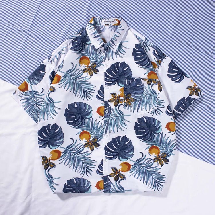 New men's beach shirt surfing coconut tree short sleeved floral shirt cotton linen beach Hawaii loose print shirt