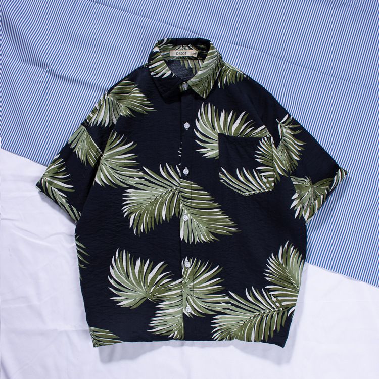 New men's beach shirt surfing coconut tree short sleeved floral shirt cotton linen beach Hawaii loose print shirt