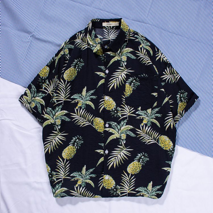 New men's beach shirt surfing coconut tree short sleeved floral shirt cotton linen beach Hawaii loose print shirt