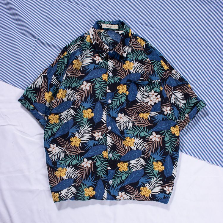 New men's beach shirt surfing coconut tree short sleeved floral shirt cotton linen beach Hawaii loose print shirt