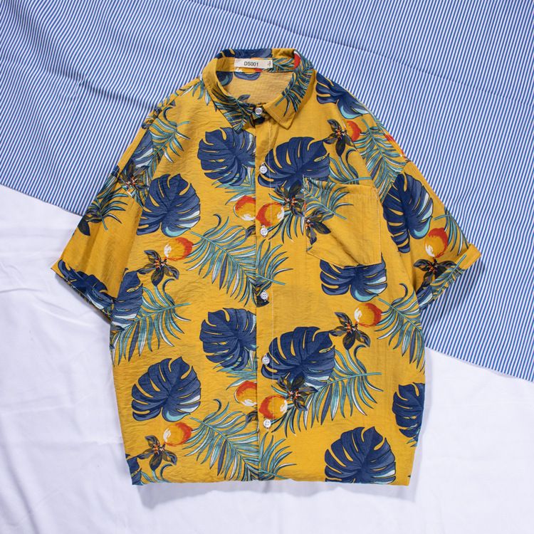 New men's beach shirt surfing coconut tree short sleeved floral shirt cotton linen beach Hawaii loose print shirt