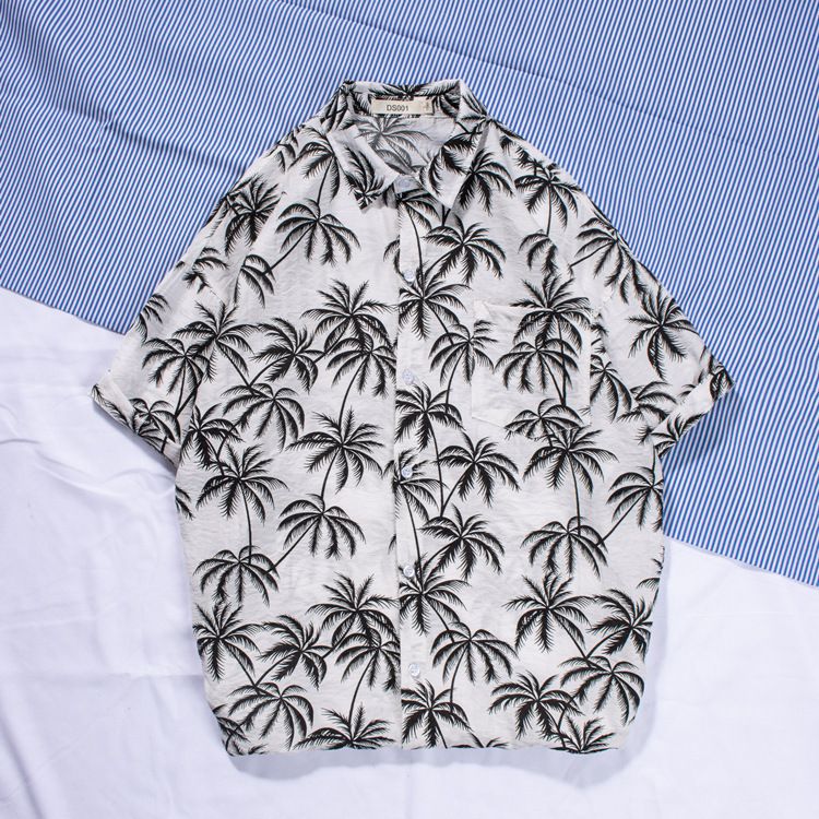 New men's beach shirt surfing coconut tree short sleeved floral shirt cotton linen beach Hawaii loose print shirt