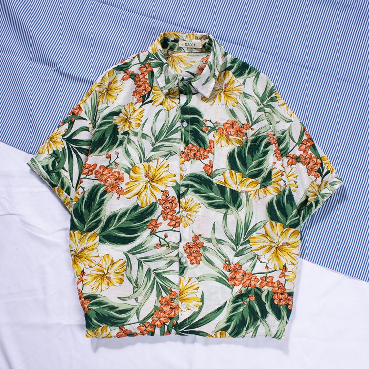 New men's beach shirt surfing coconut tree short sleeved floral shirt cotton linen beach Hawaii loose print shirt