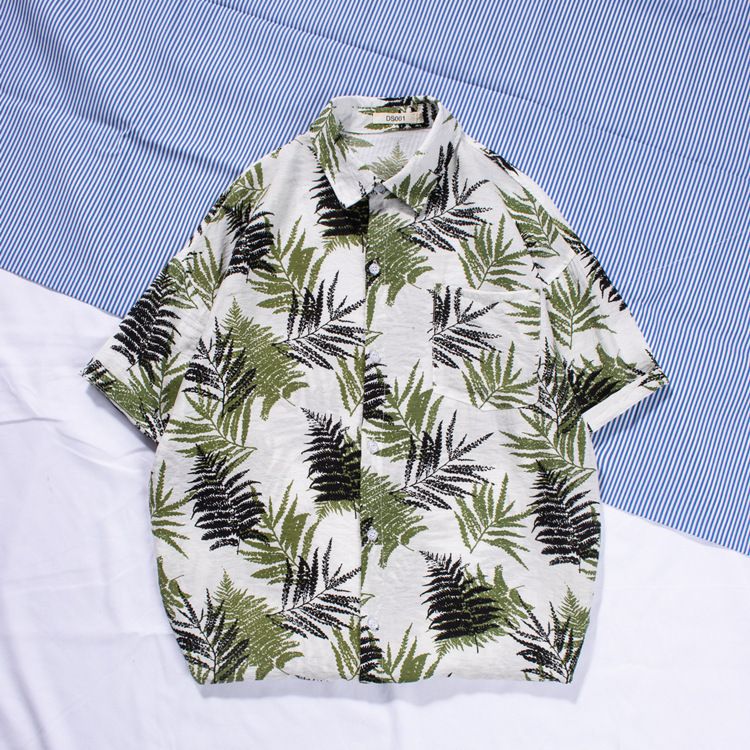 New men's beach shirt surfing coconut tree short sleeved floral shirt cotton linen beach Hawaii loose print shirt