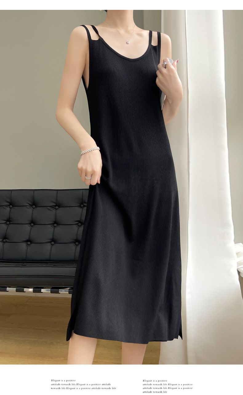 A new ice silk knitted camisole dress for women, with a side slit inside. It is a slim fitting dress that goes over the knee, a large-sized black camisole dress, and a V-neck solid color dress