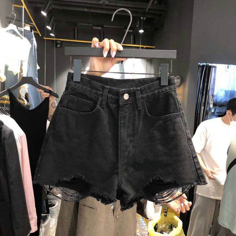 Rugged denim shorts for women's internet celebrity Instagram style new oversized chubby mm loose Korean A-line distressed hot pants for summer