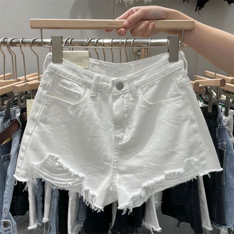 Rugged denim shorts for women's internet celebrity Instagram style new oversized chubby mm loose Korean A-line distressed hot pants for summer