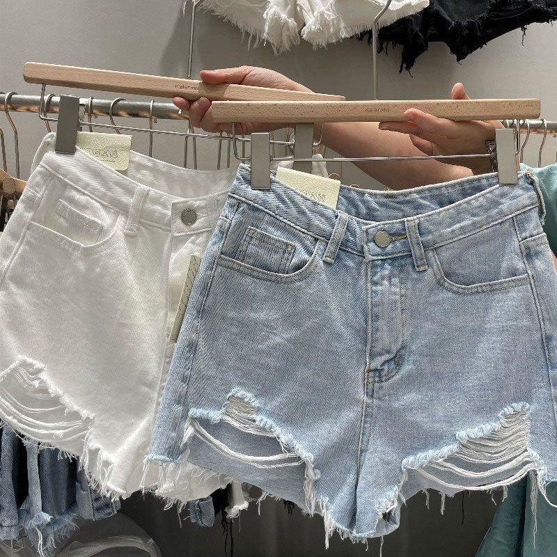 Rugged denim shorts for women's internet celebrity Instagram style new oversized chubby mm loose Korean A-line distressed hot pants for summer