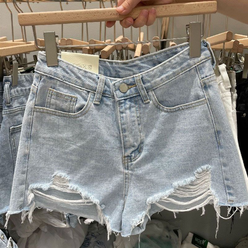 Rugged denim shorts for women's internet celebrity Instagram style new oversized chubby mm loose Korean A-line distressed hot pants for summer