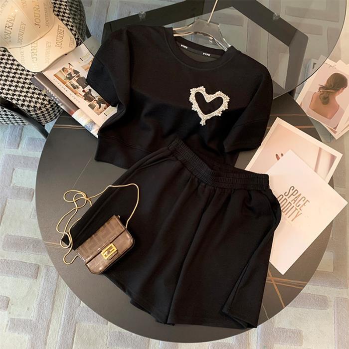 New loose fitting casual suit for women, popular summer diamond embellishments, sporty round neck Korean student oversized women's clothing, high-end solid color short sleeved set, fashionable and ver