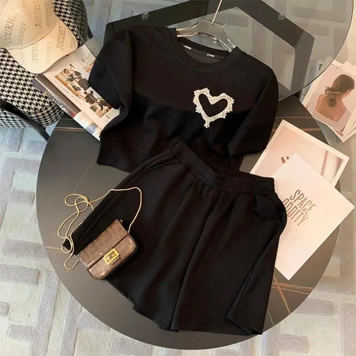 New loose fitting casual suit for women, popular summer diamond embellishments, sporty round neck Korean student oversized women's clothing, high-end solid color short sleeved set, fashionable and ver