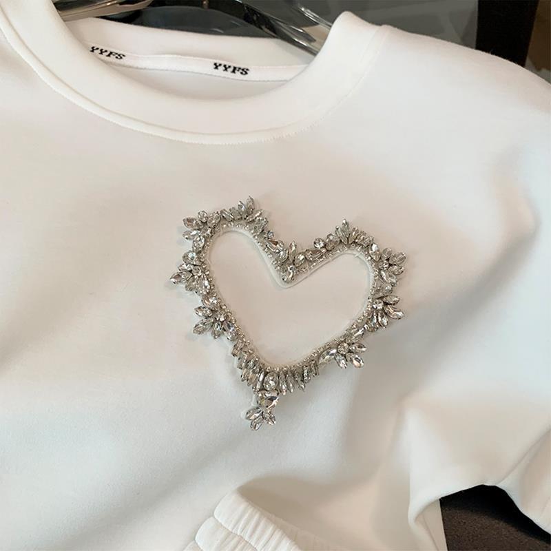 New loose fitting casual suit for women, popular summer diamond embellishments, sporty round neck Korean student oversized women's clothing, high-end solid color short sleeved set, fashionable and ver