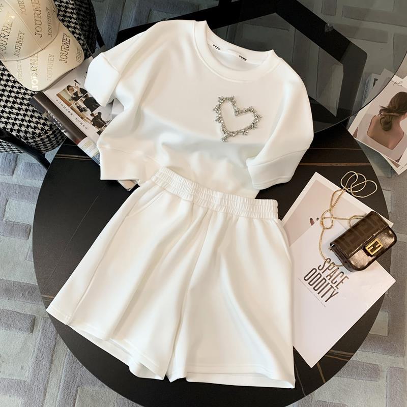 New loose fitting casual suit for women, popular summer diamond embellishments, sporty round neck Korean student oversized women's clothing, high-end solid color short sleeved set, fashionable and ver