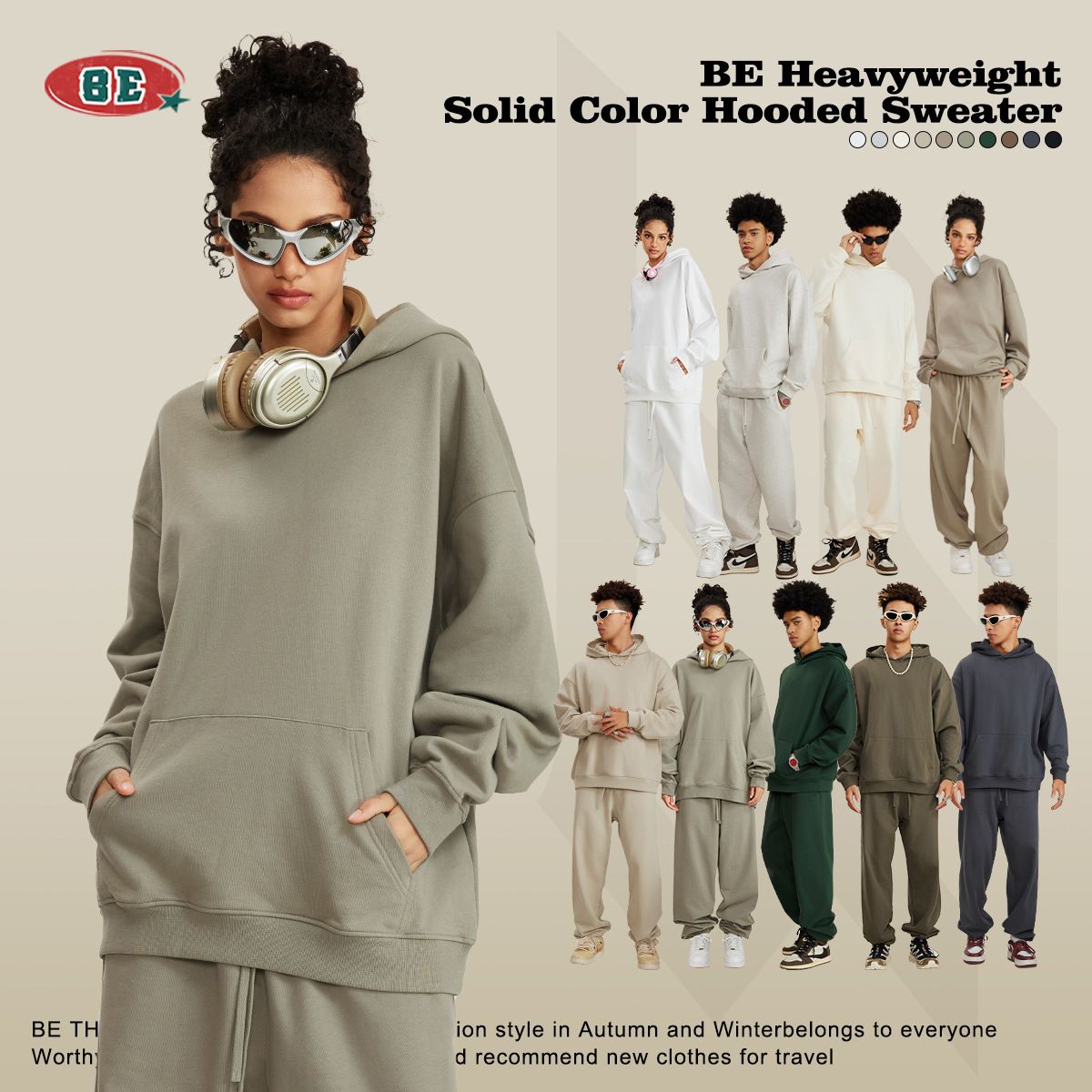 Heavyweight looped hoodie, American trendy brand solid color hoodie, trendy men's set hoodie, spring and autumn hoodie