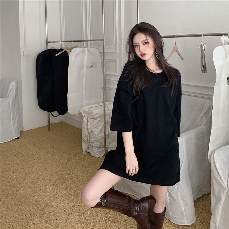 New candy colored loose fitting women's clothing, medium length large edition short sleeved top, versatile round neck small short sleeved T-shirt, simple and atmospheric, solid color fashionable and v