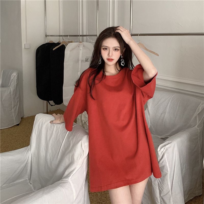 New candy colored loose fitting women's clothing, medium length large edition short sleeved top, versatile round neck small short sleeved T-shirt, simple and atmospheric, solid color fashionable and v
